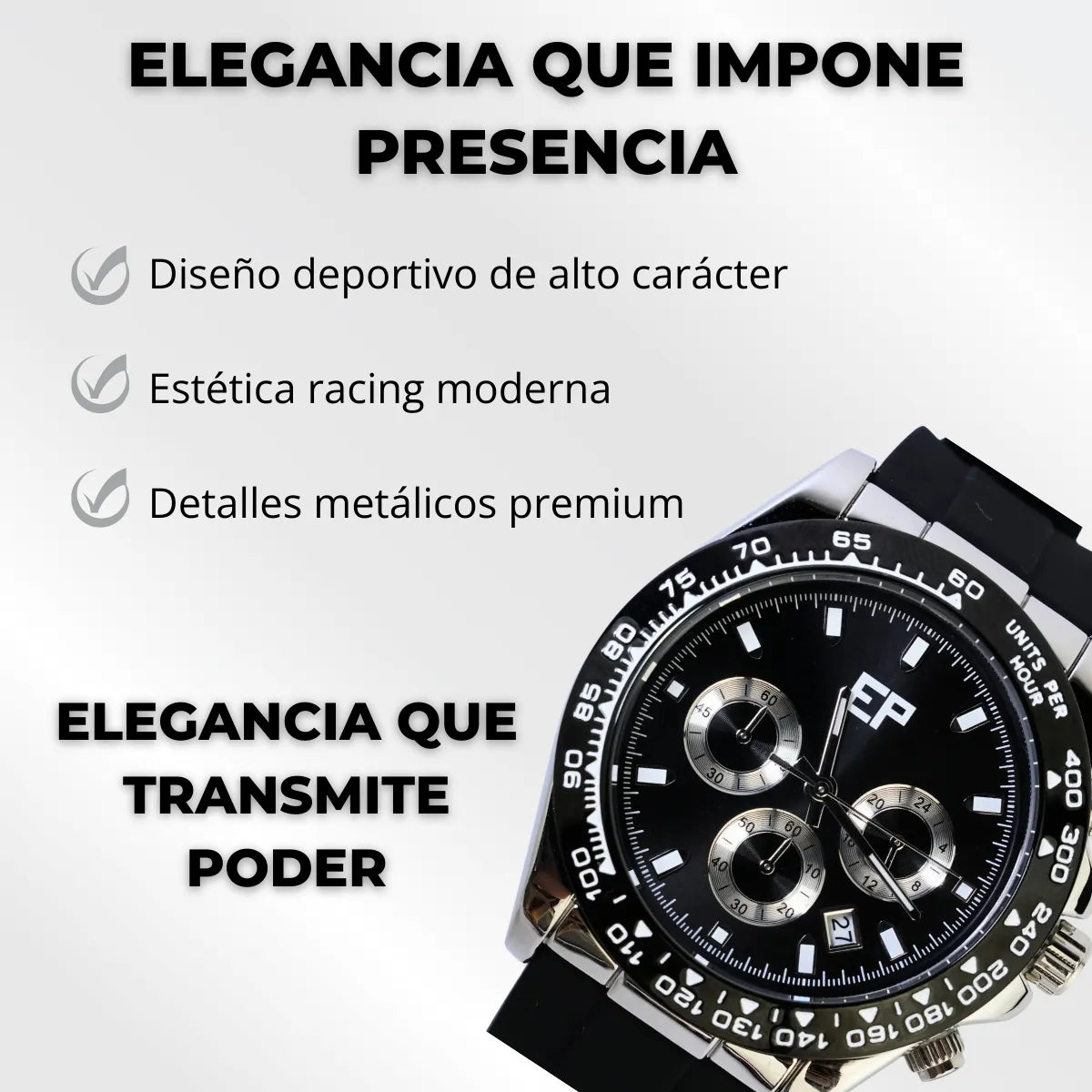 Reloj Cronografo EP para Hombre Deportivo Negro con Correa de Silicona Negra