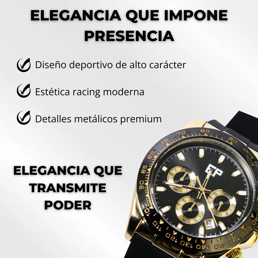 Reloj Cronografo EP para Hombre Deportivo Negro Dorado con Correa de Silicona Negra