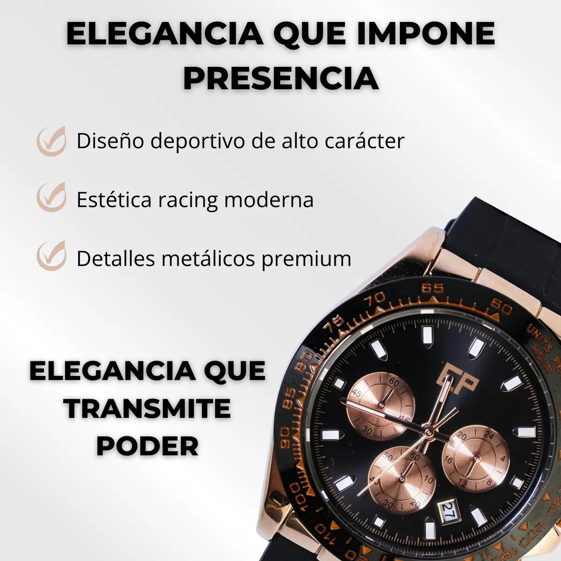Reloj Cronografo EP para Hombre Deportivo Negro Rose Gold con Correa de Silicona Negra