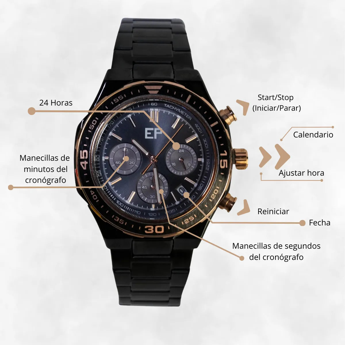 Reloj Cronografo EP para Hombre Deportivo con Brazalete de Acero Negro y Esfera Negra