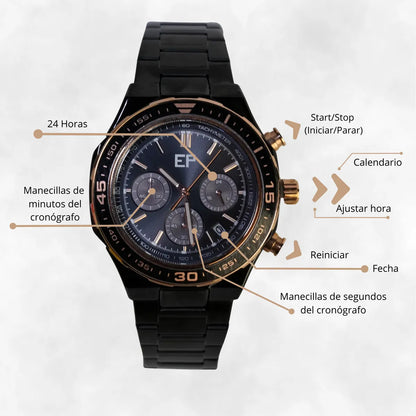 Reloj Cronografo EP para Hombre Deportivo con Brazalete de Acero Negro y Esfera Negra