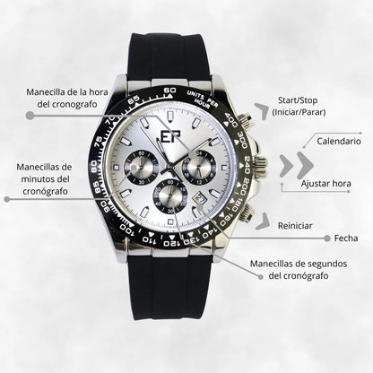 Reloj Cronografo EP para Hombre Deportivo Plateado con Correa de Silicona Negra