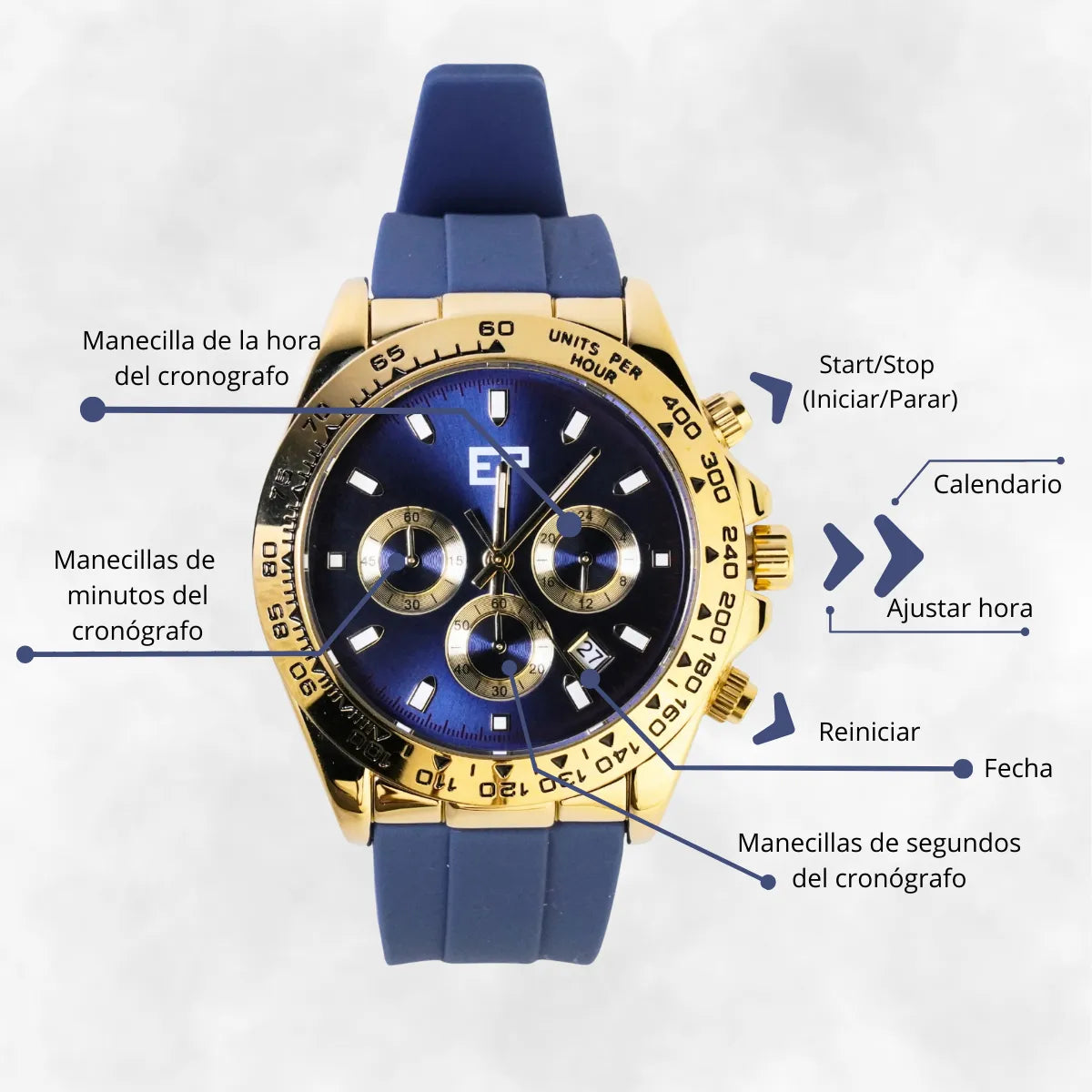 Reloj Cronografo EP para Hombre Deportivo Azul Dorado con Correa de Silicona Azul