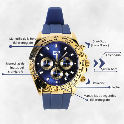 Reloj Cronografo EP para Hombre Deportivo Azul Dorado con Correa de Silicona Azul