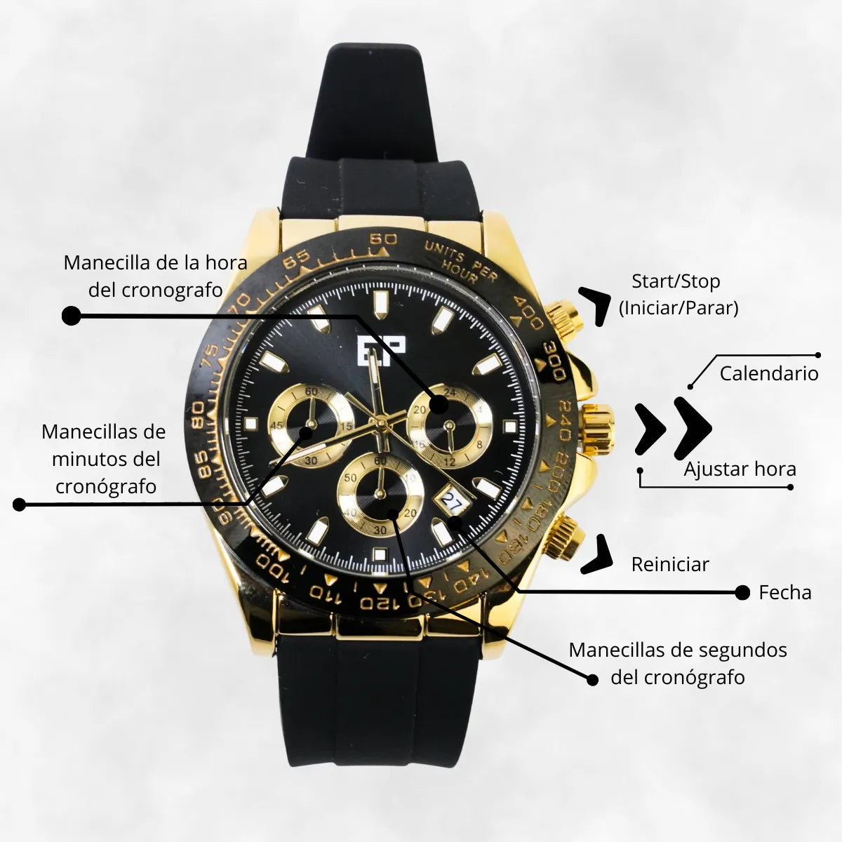 Reloj Cronografo EP para Hombre Deportivo Negro Dorado con Correa de Silicona Negra