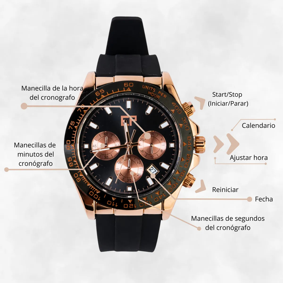 Reloj Cronografo EP para Hombre Deportivo Negro Rose Gold con Correa de Silicona Negra