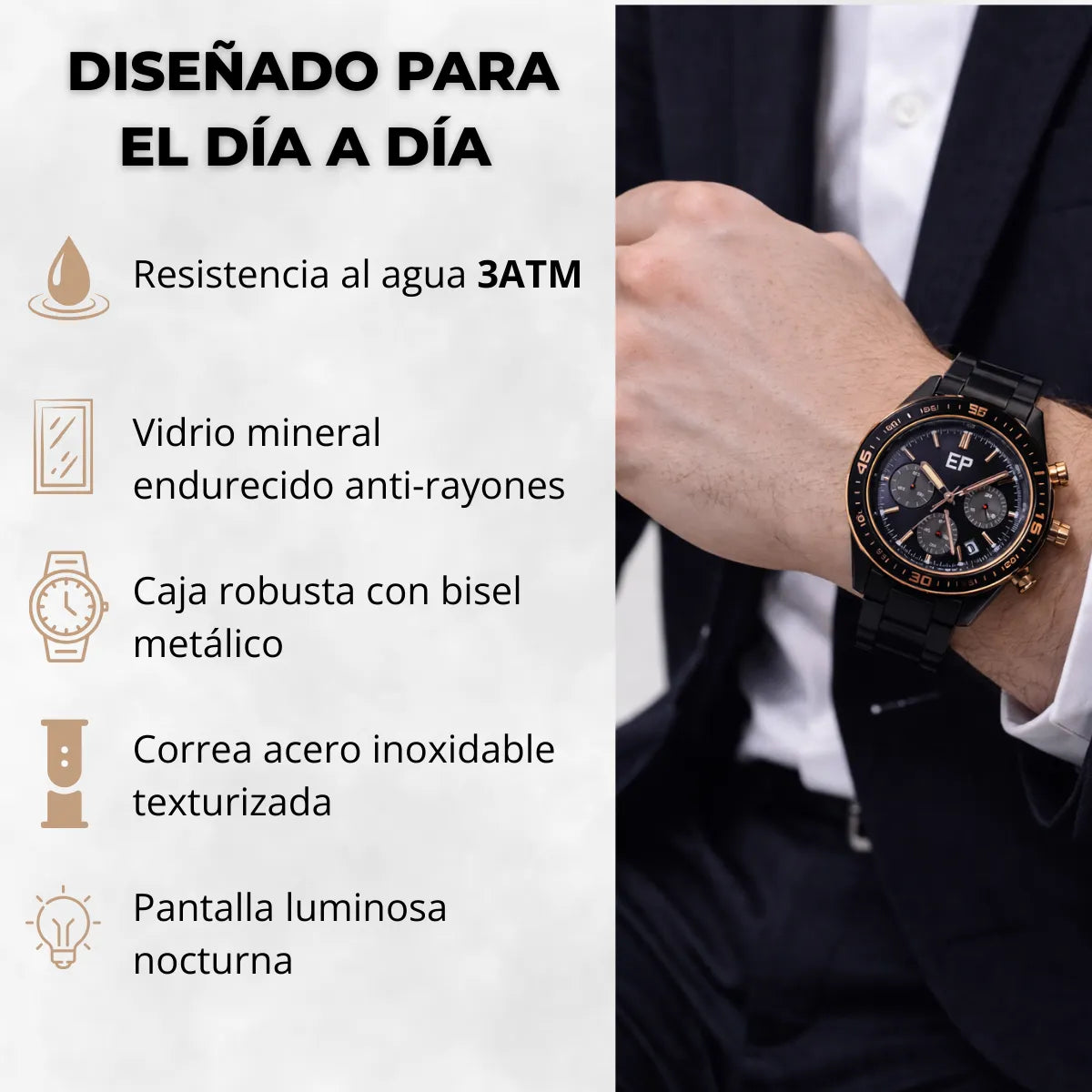 Reloj Cronografo EP para Hombre Deportivo con Brazalete de Acero Negro y Esfera Negra