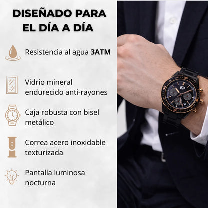 Reloj Cronografo EP para Hombre Deportivo con Brazalete de Acero Negro y Esfera Negra