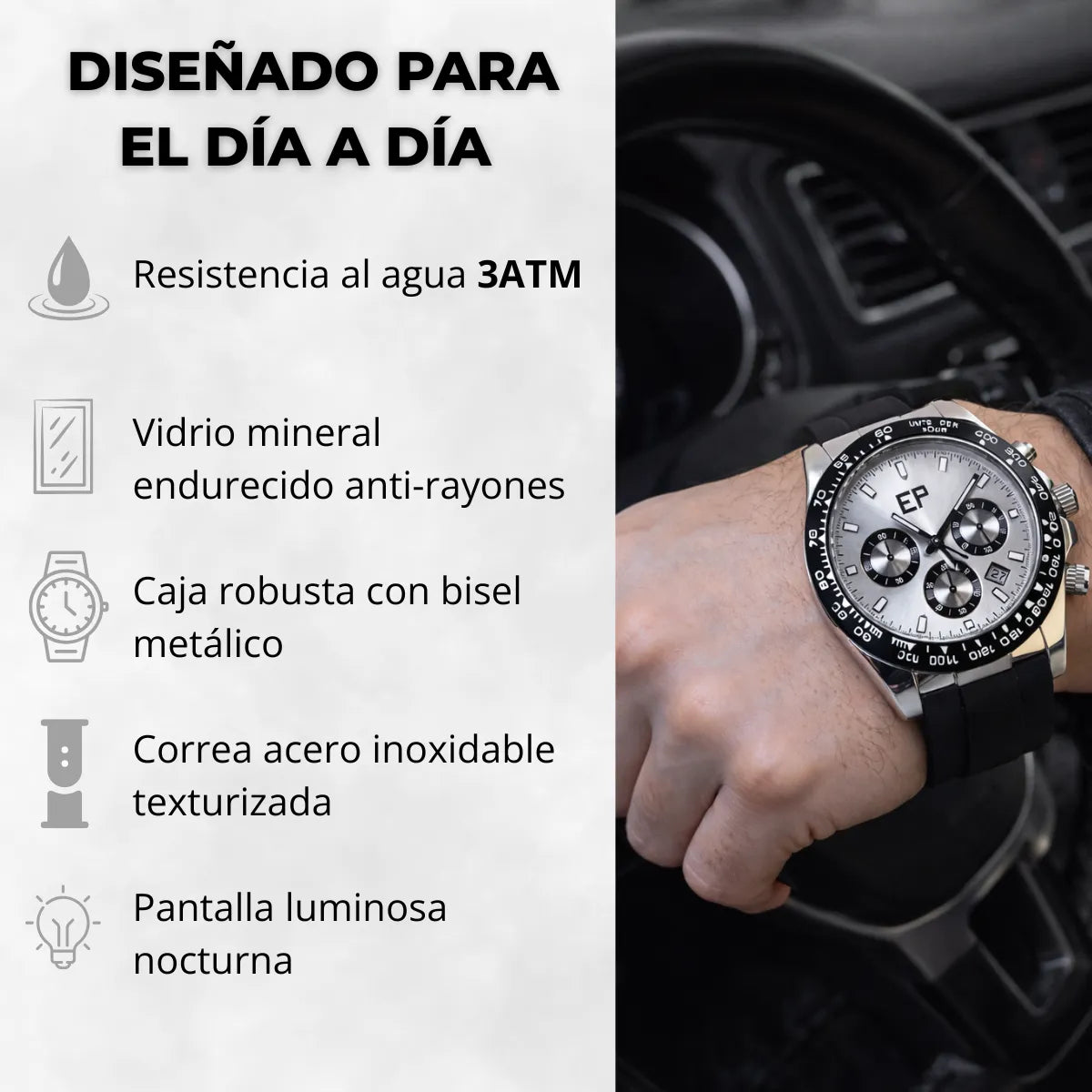 Reloj Cronografo EP para Hombre Deportivo Plateado con Correa de Silicona Negra