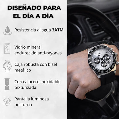 Reloj Cronografo EP para Hombre Deportivo Plateado con Correa de Silicona Negra