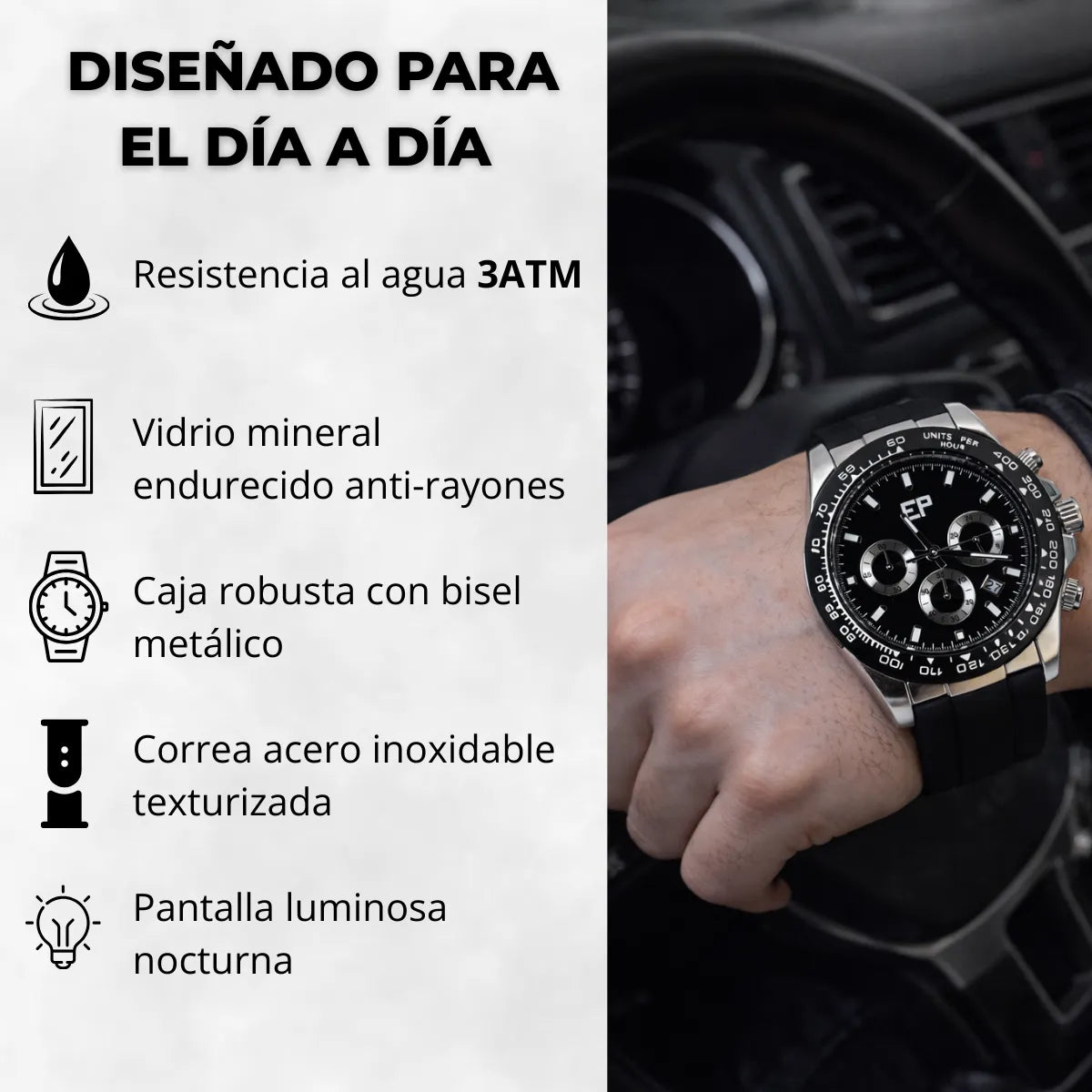Reloj Cronografo EP para Hombre Deportivo Negro con Correa de Silicona Negra
