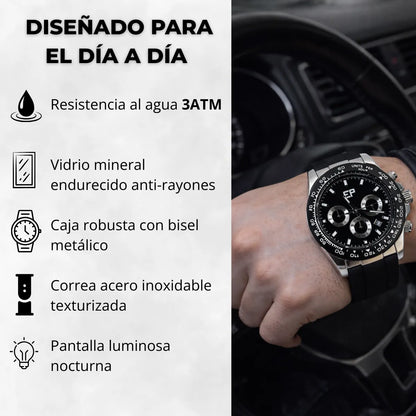 Reloj Cronografo EP para Hombre Deportivo Negro con Correa de Silicona Negra