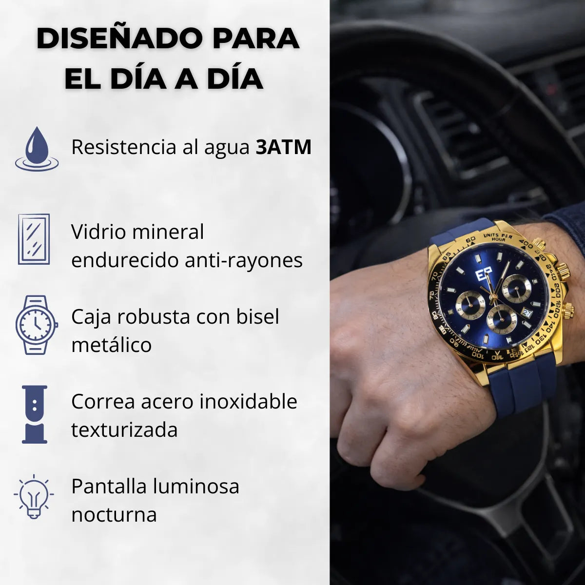 Reloj Cronografo EP para Hombre Deportivo Azul Dorado con Correa de Silicona Azul