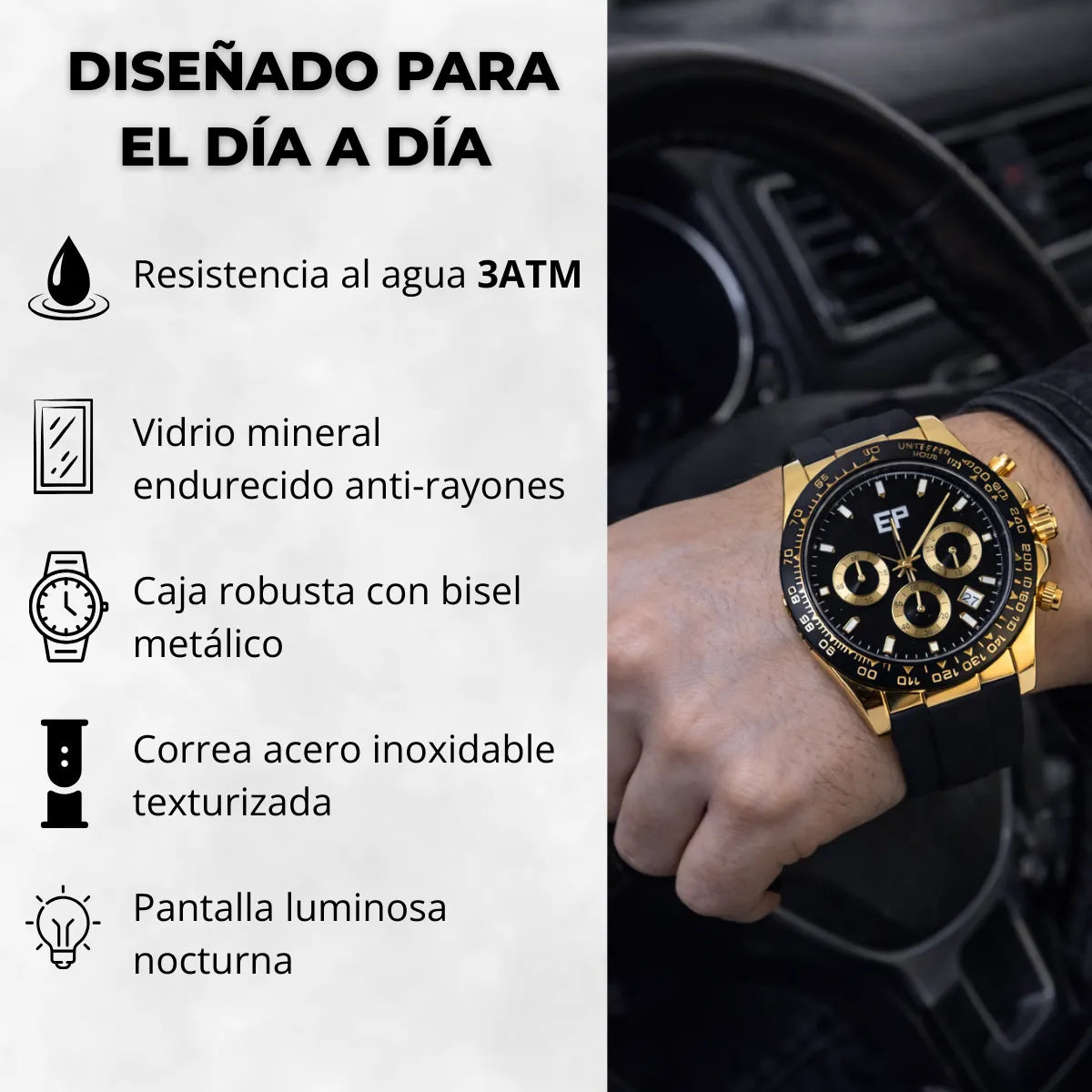 Reloj Cronografo EP para Hombre Deportivo Negro Dorado con Correa de Silicona Negra