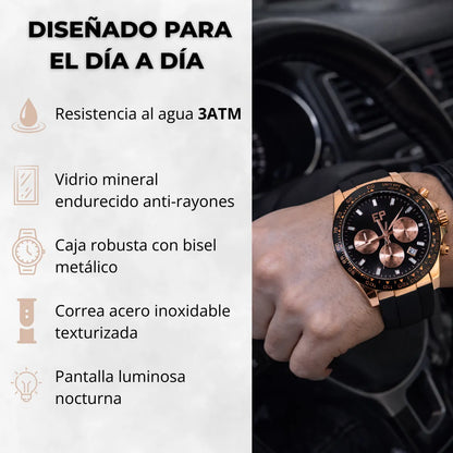 Reloj Cronografo EP para Hombre Deportivo Negro Rose Gold con Correa de Silicona Negra