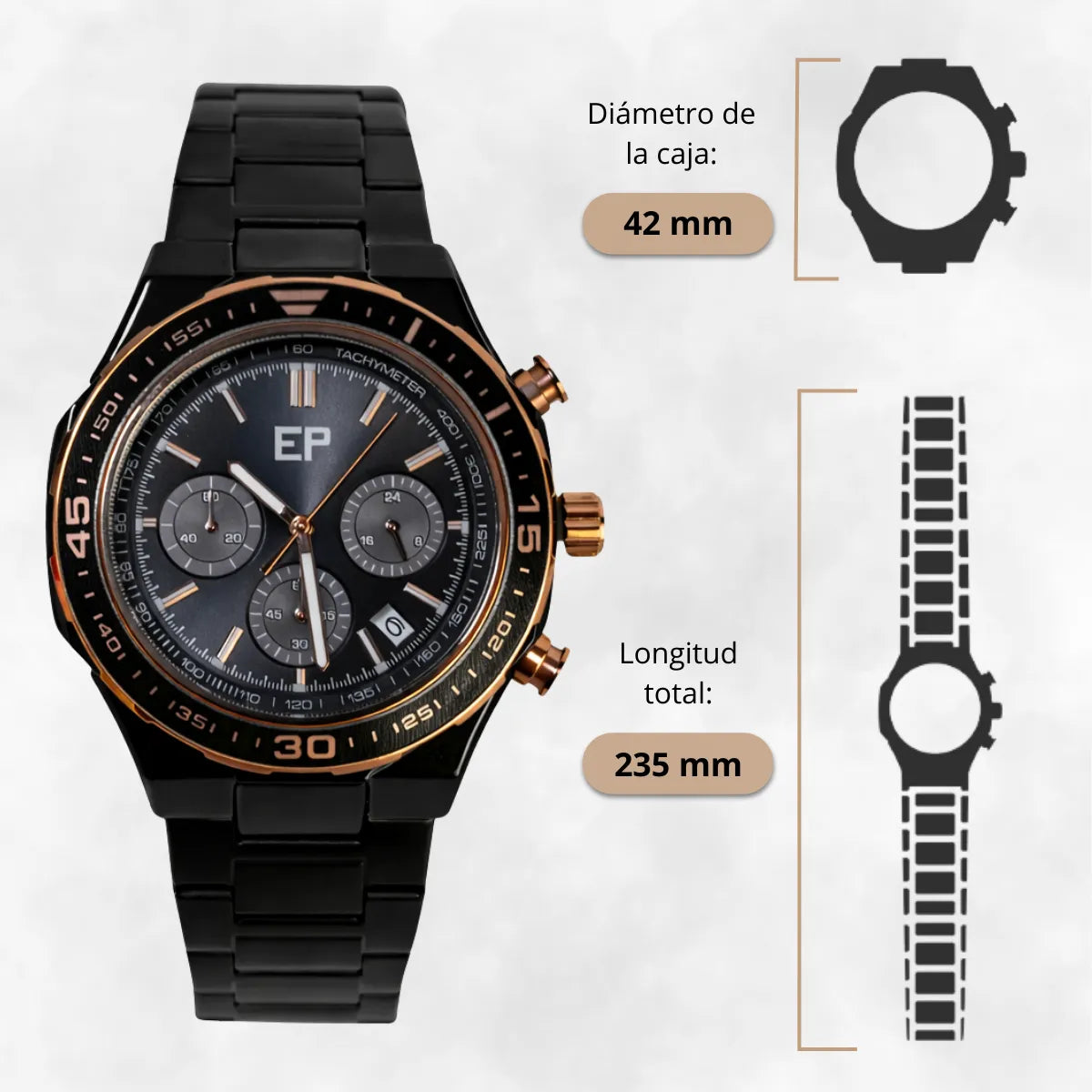 Reloj Cronografo EP para Hombre Deportivo con Brazalete de Acero Negro y Esfera Negra
