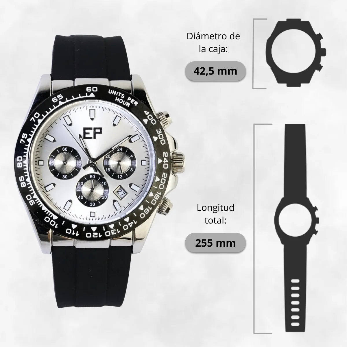Reloj Cronografo EP para Hombre Deportivo Plateado con Correa de Silicona Negra