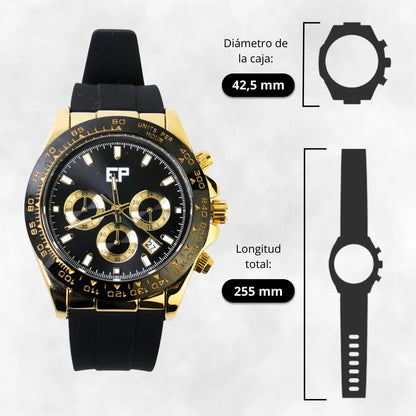 Reloj Cronografo EP para Hombre Deportivo Negro Dorado con Correa de Silicona Negra