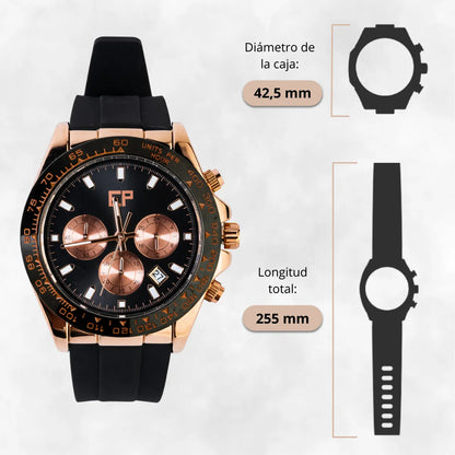 Reloj Cronografo EP para Hombre Deportivo Negro Rose Gold con Correa de Silicona Negra