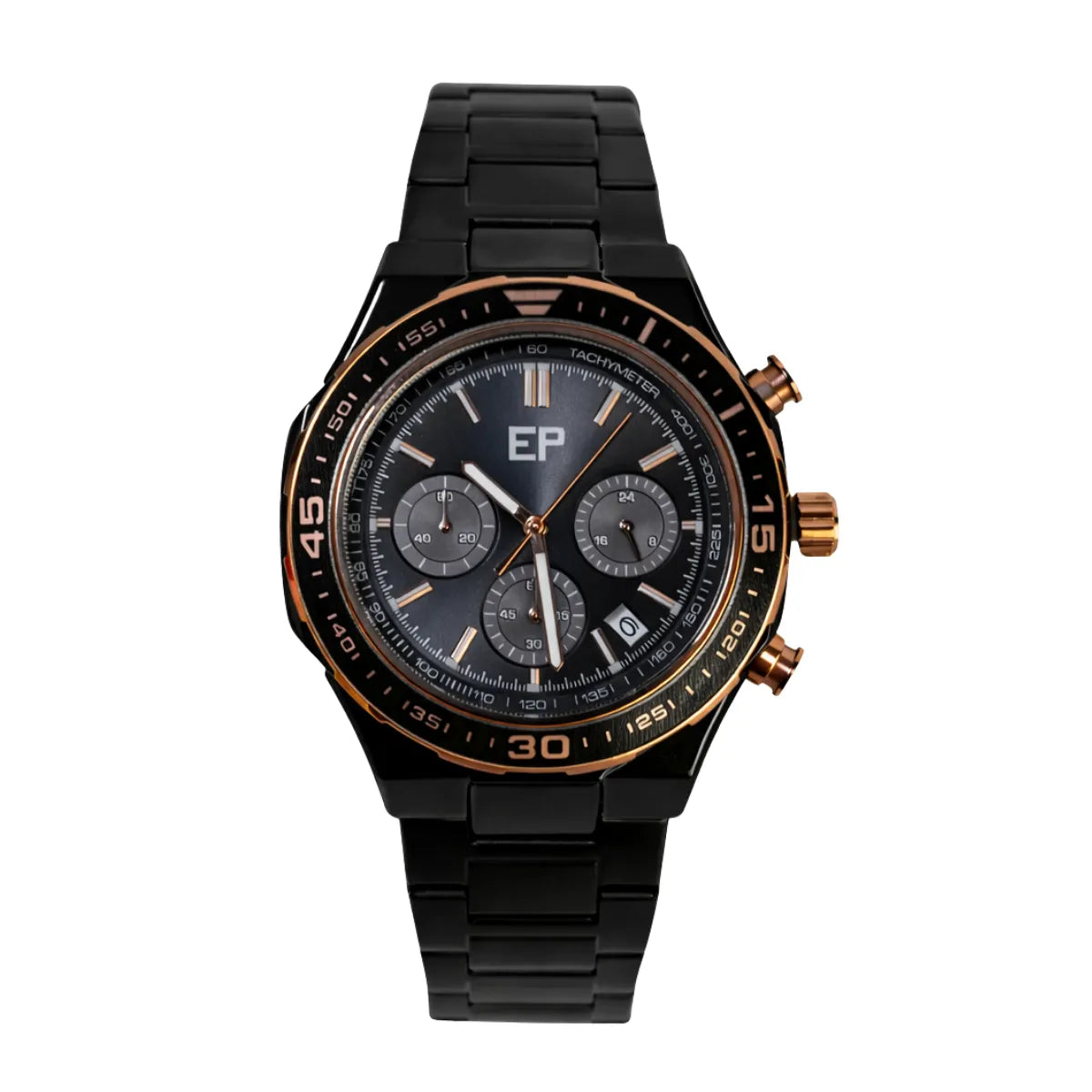 Reloj Cronografo EP para Hombre Deportivo con Brazalete de Acero Negro y Esfera Negra
