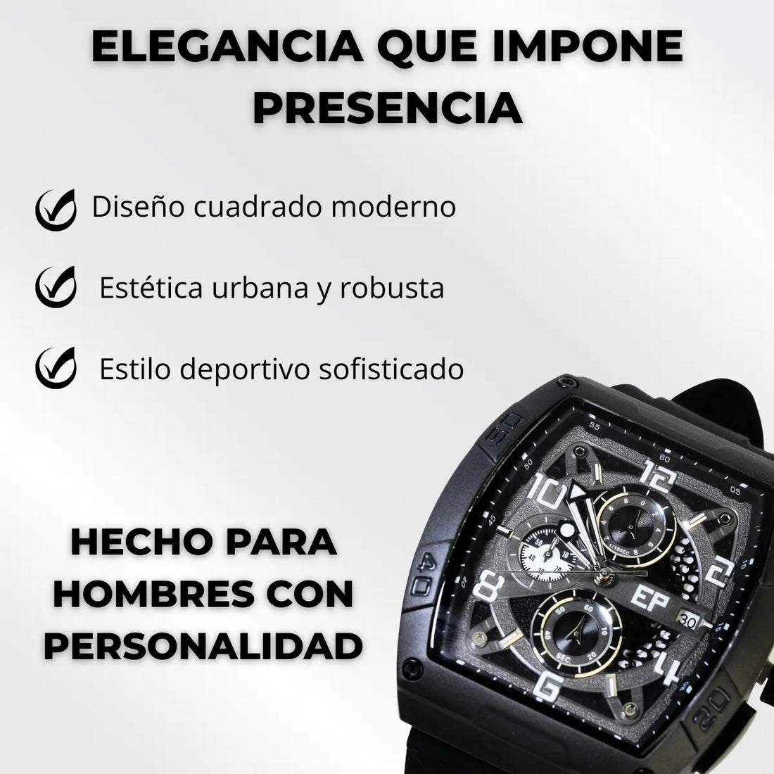Reloj Cronografo EP para Hombre  Deportivo Negro Total Diseño Cuadrado Moderno