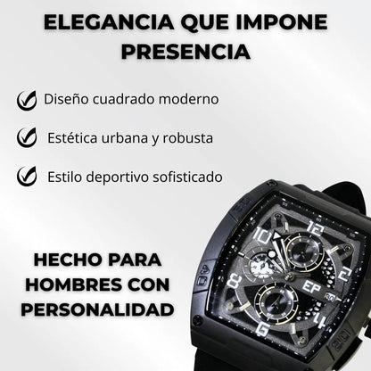 Reloj Cronografo EP para Hombre  Deportivo Negro Total Diseño Cuadrado Moderno
