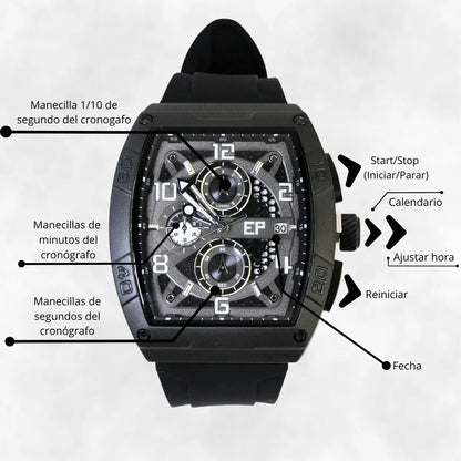 Reloj Cronografo EP para Hombre  Deportivo Negro Total Diseño Cuadrado Moderno