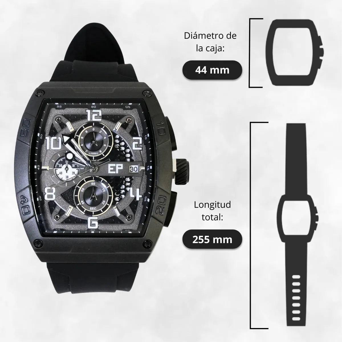 Reloj Cronografo EP para Hombre  Deportivo Negro Total Diseño Cuadrado Moderno