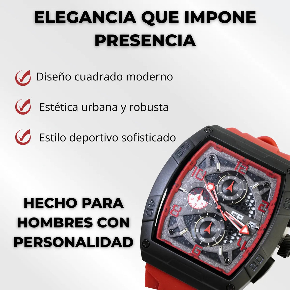 Reloj Cronografo EP para Hombre Deportivo Rojo Diseño Cuadrado Moderno