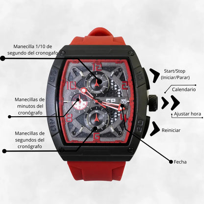Reloj Cronografo EP para Hombre Deportivo Rojo Diseño Cuadrado Moderno