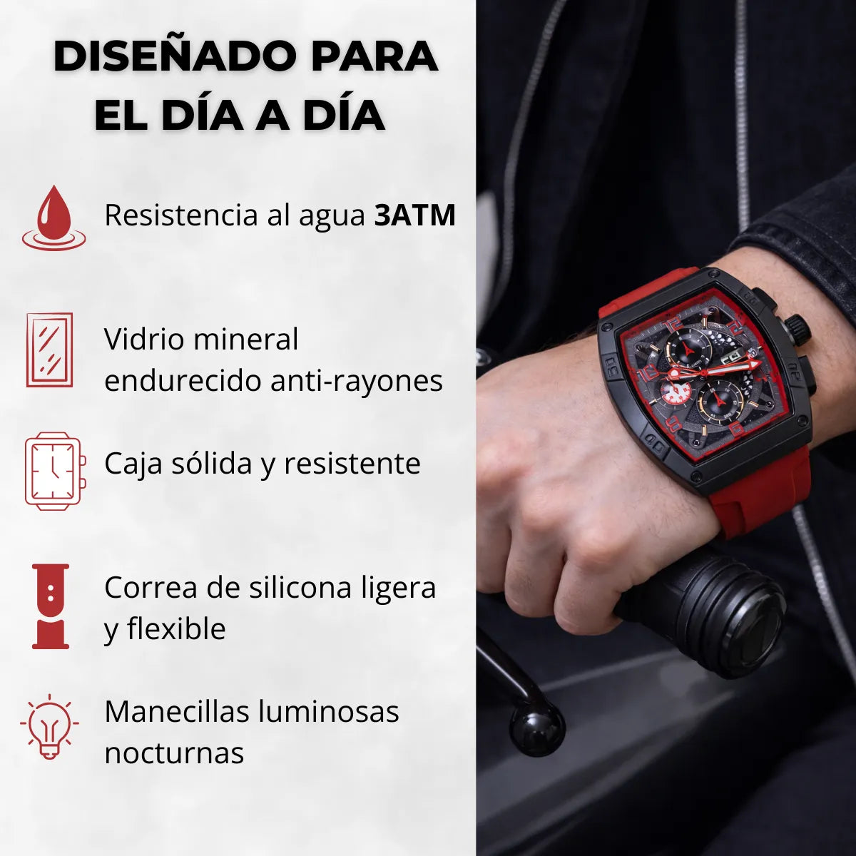 Reloj Cronografo EP para Hombre Deportivo Rojo Diseño Cuadrado Moderno