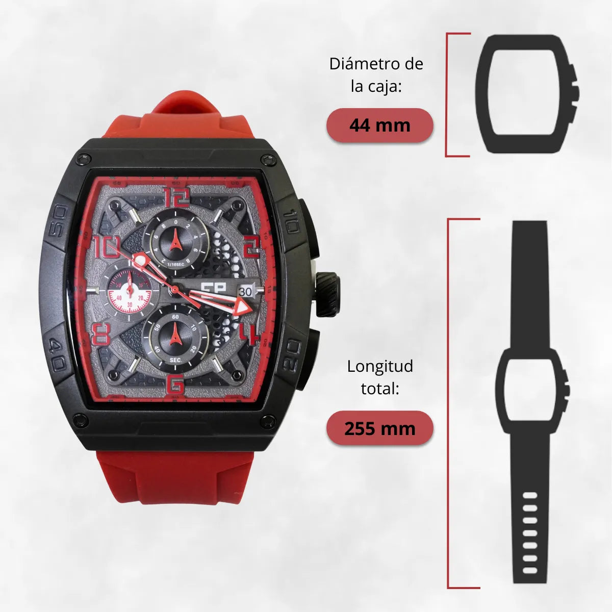 Reloj Cronografo EP para Hombre Deportivo Rojo Diseño Cuadrado Moderno