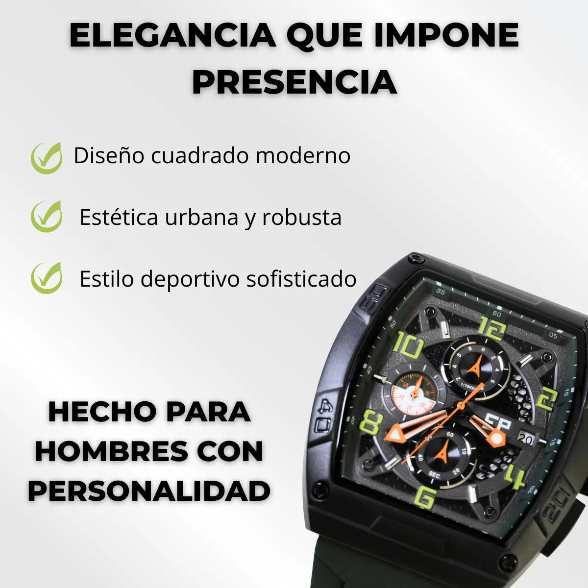 Reloj Cronografo EP para Hombre Deportivo Verde Diseño Cuadrado Moderno