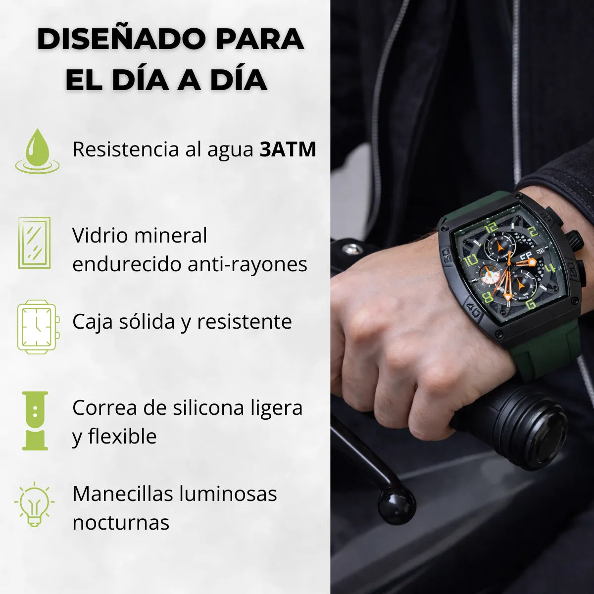 Reloj Cronografo EP para Hombre Deportivo Verde Diseño Cuadrado Moderno