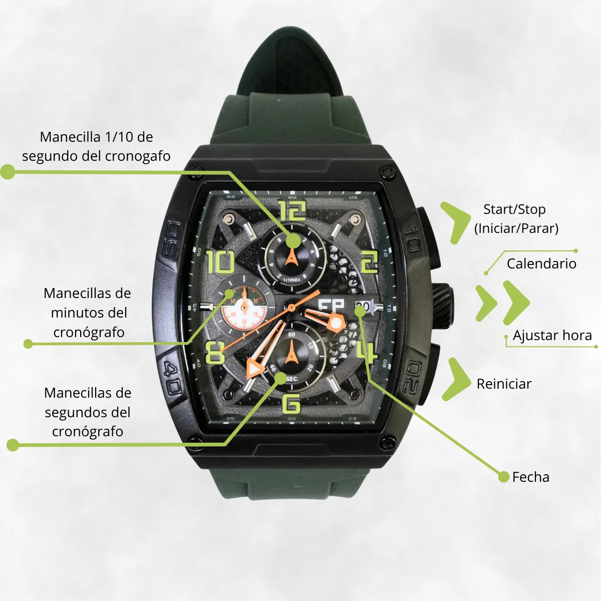 Reloj Cronografo EP para Hombre Deportivo Verde Diseño Cuadrado Moderno