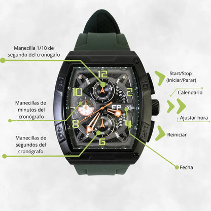 Reloj Cronografo EP para Hombre Deportivo Verde Diseño Cuadrado Moderno