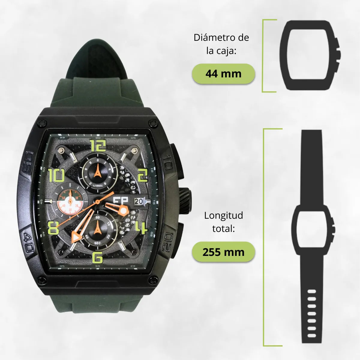 Reloj Cronografo EP para Hombre Deportivo Verde Diseño Cuadrado Moderno