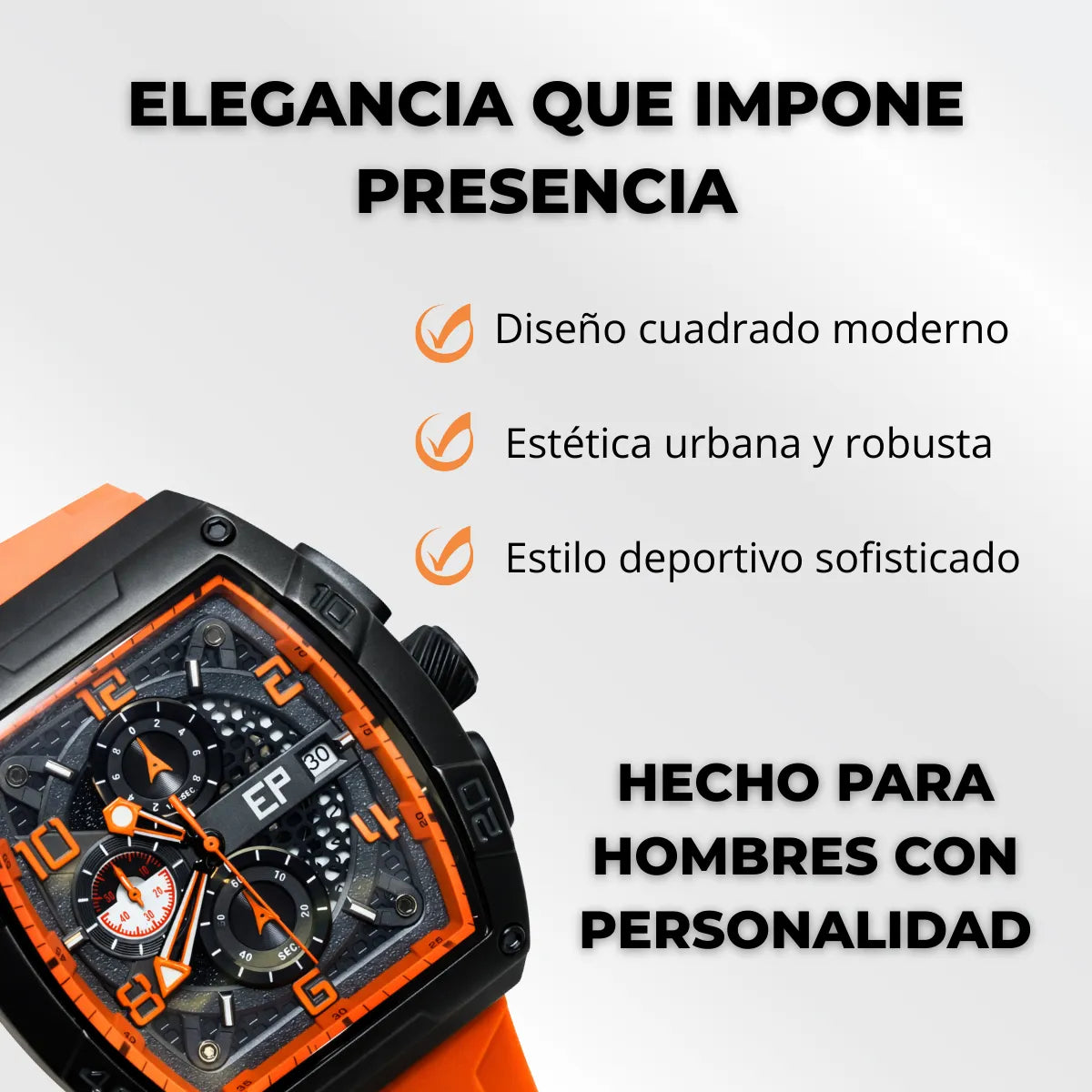 Reloj Cronografo EP para Hombre Deportivo Naranjado Diseño Cuadrado Moderno