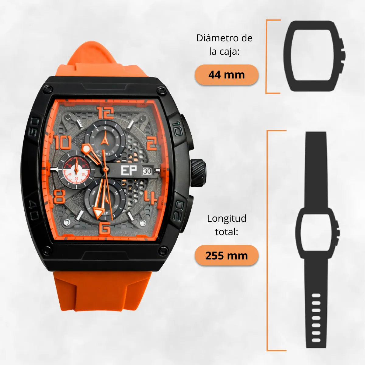 Reloj Cronografo EP para Hombre Deportivo Naranjado Diseño Cuadrado Moderno