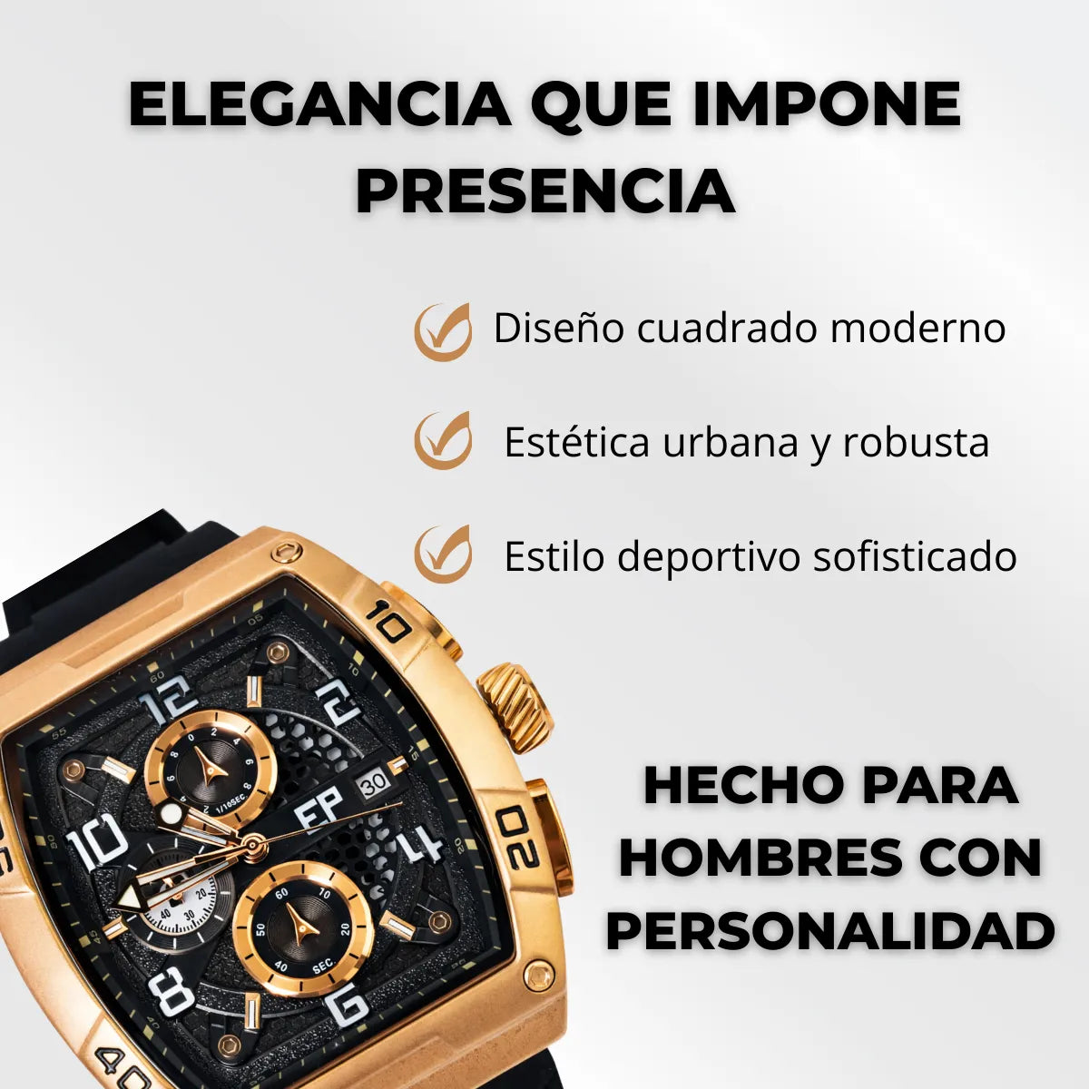 Reloj Cronografo EP para Hombre Deportivo Negro Rose Gold Diseño Cuadrado Moderno