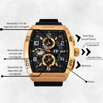 Reloj Cronografo EP para Hombre Deportivo Negro Rose Gold Diseño Cuadrado Moderno