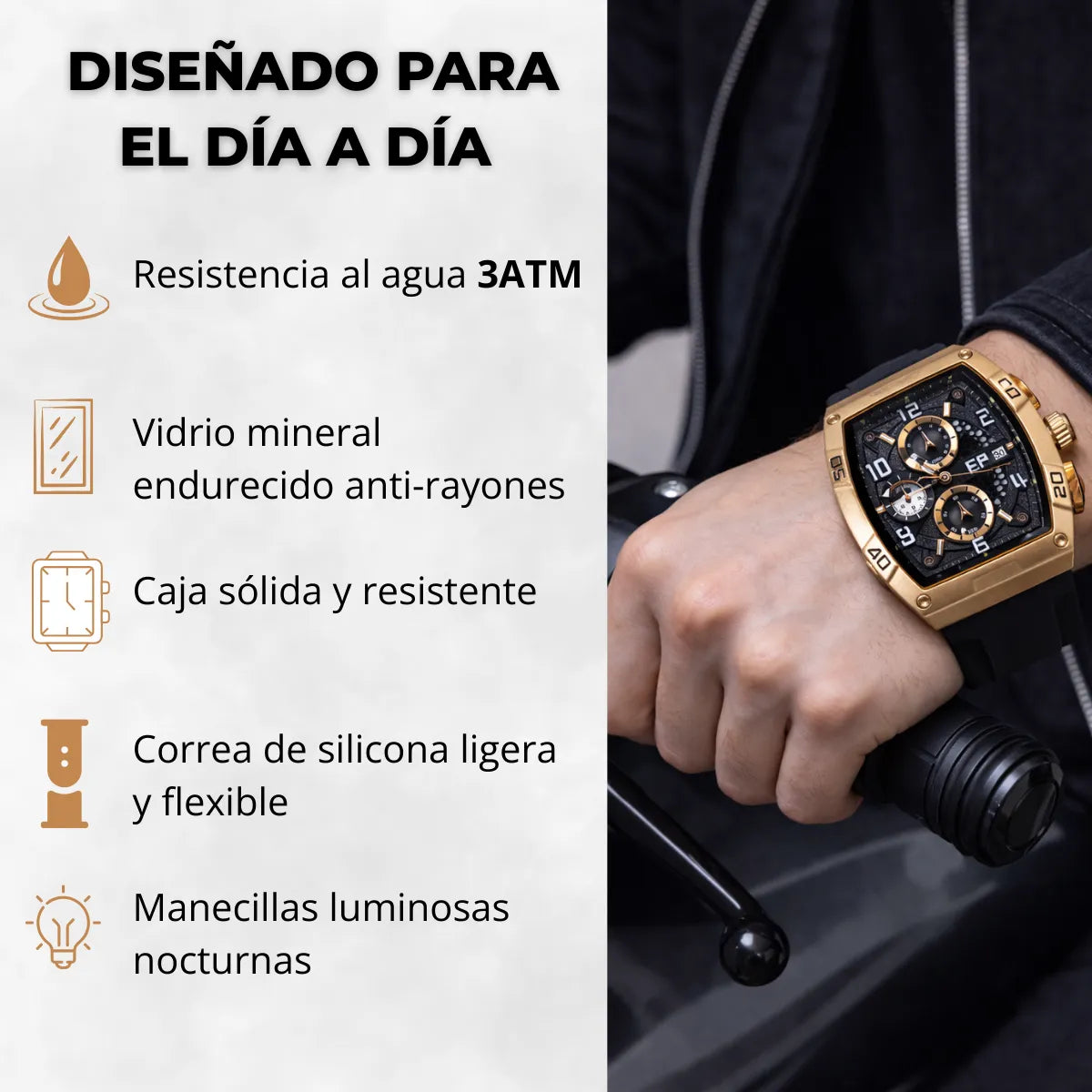 Reloj Cronografo EP para Hombre Deportivo Negro Rose Gold Diseño Cuadrado Moderno