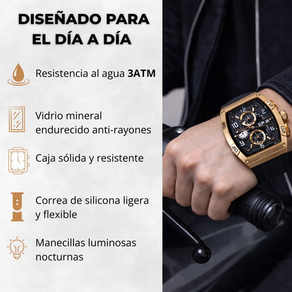 Reloj Cronografo EP para Hombre Deportivo Negro Rose Gold Diseño Cuadrado Moderno