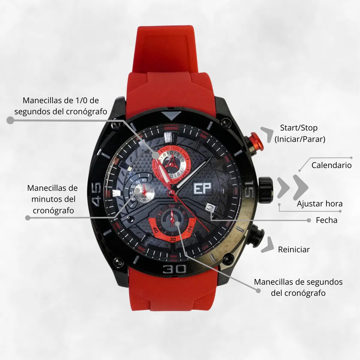 Reloj Cronógrafo EP para Hombre Deportivo Moderno Rojo con Correa de Silicona