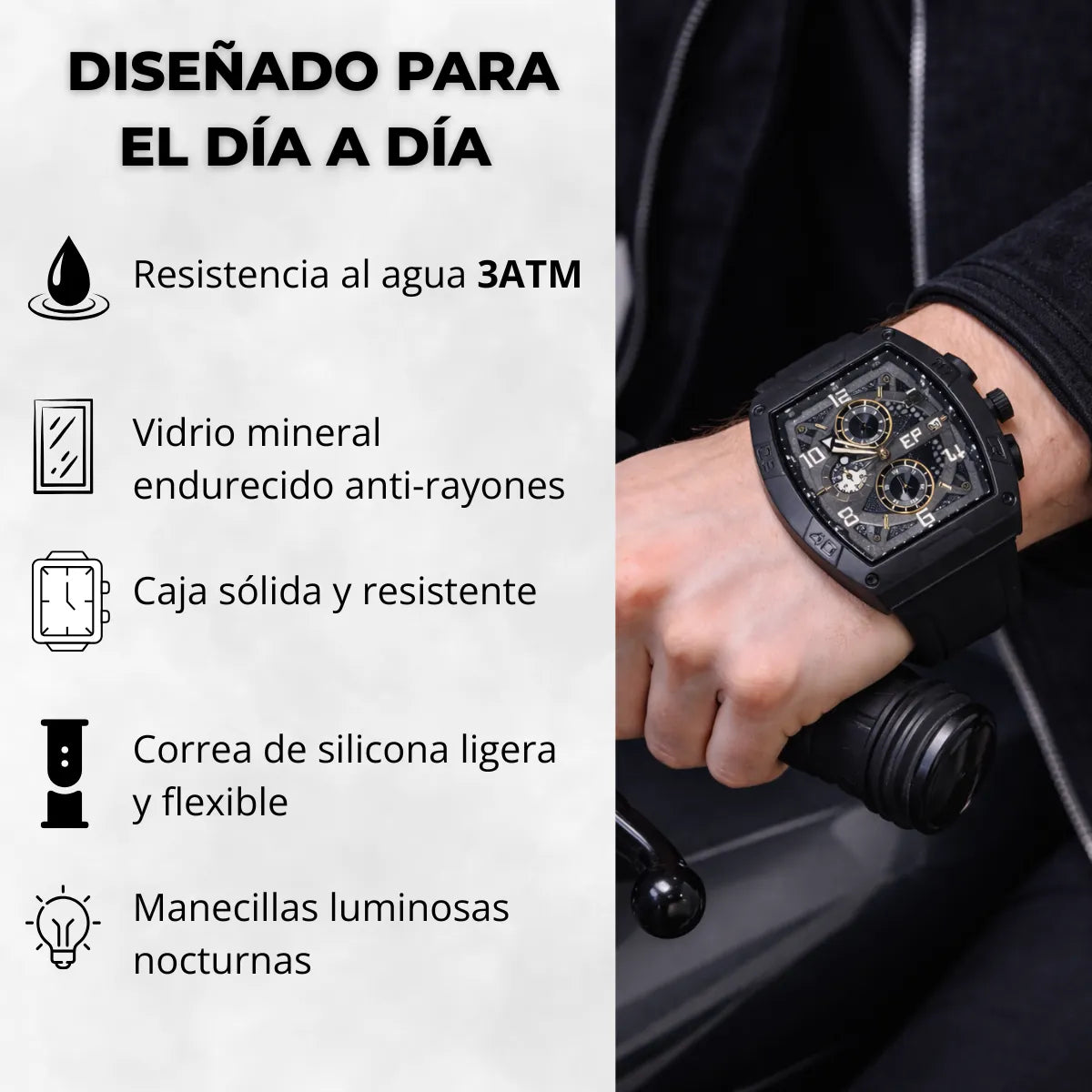 Reloj Cronografo EP para Hombre  Deportivo Negro Total Diseño Cuadrado Moderno