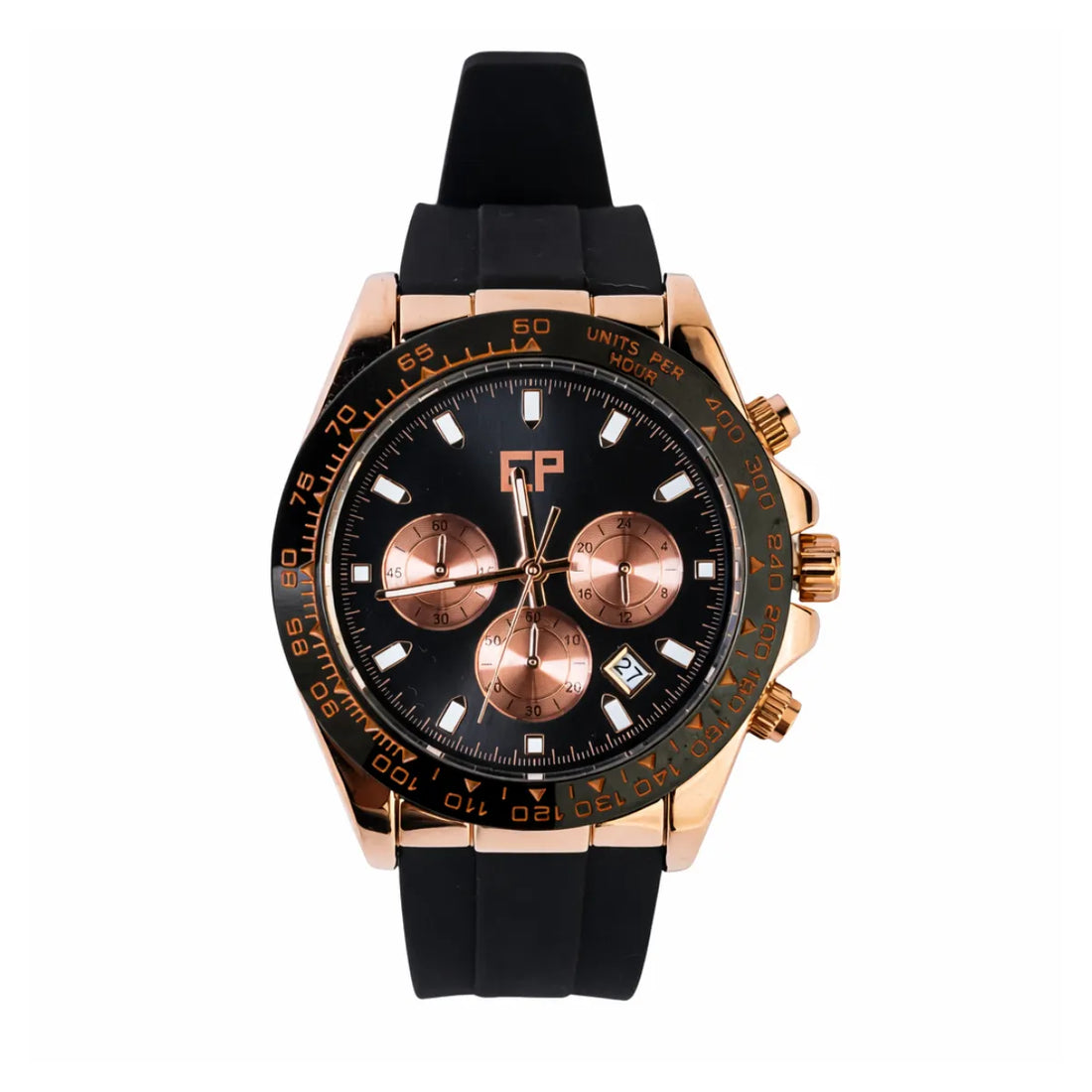Reloj Cronografo EP para Hombre Deportivo Negro Rose Gold con Correa de Silicona Negra